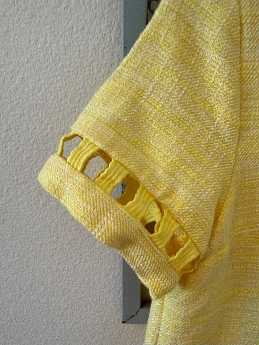 Yellow Tweed Short Sleeve vintage mini dress Size XS with Cutout Trim
